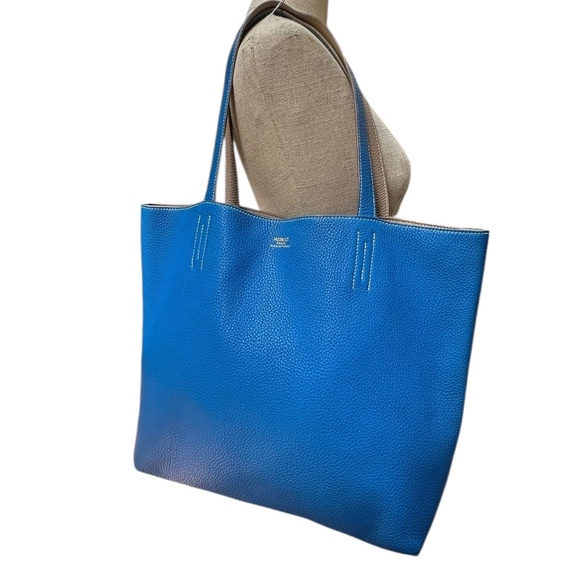 HERMES Clemence Double Sens 45 Reversible Blue Taupe Taurillon Leather Tote Bag - Picture 2 of 16